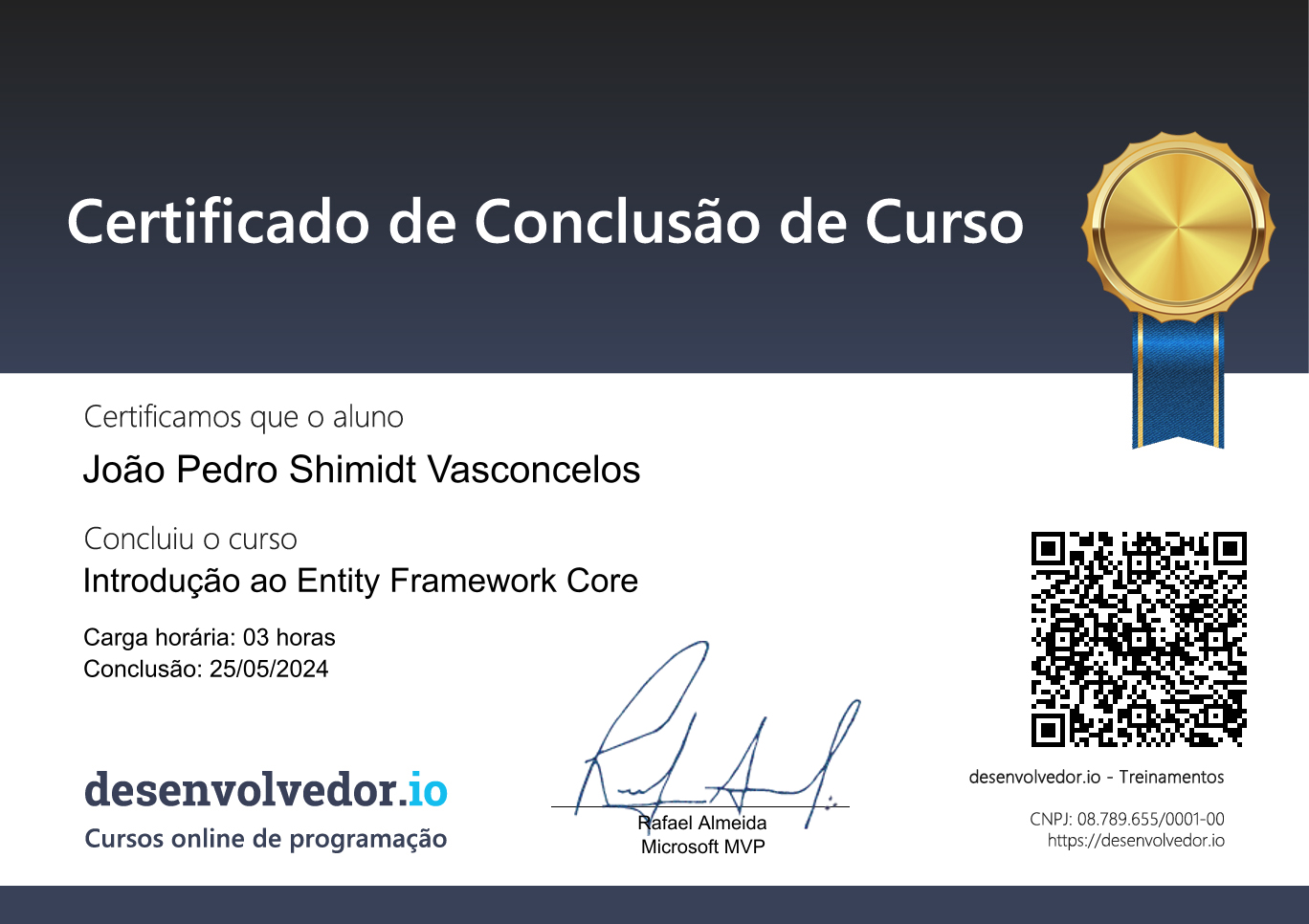 Certificado de Conclusão - Introdução ao Entity Framework Core